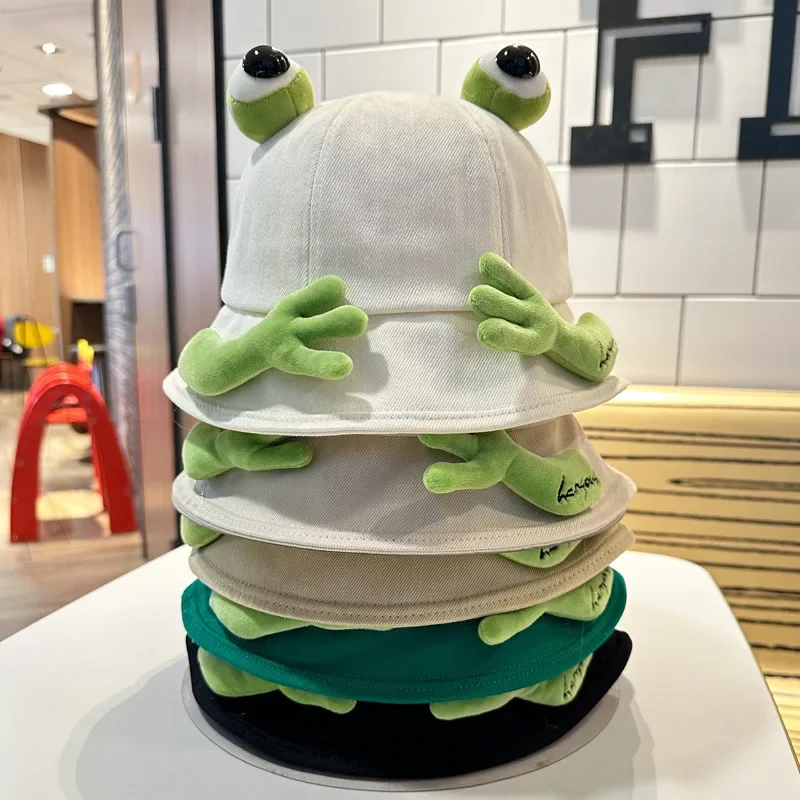 2025 New Cute Big Eyes Frog Bucket Hats Outdoor Foldable Sun Fishing Cap Women Lady Summer Cotton Wild Panama Hats