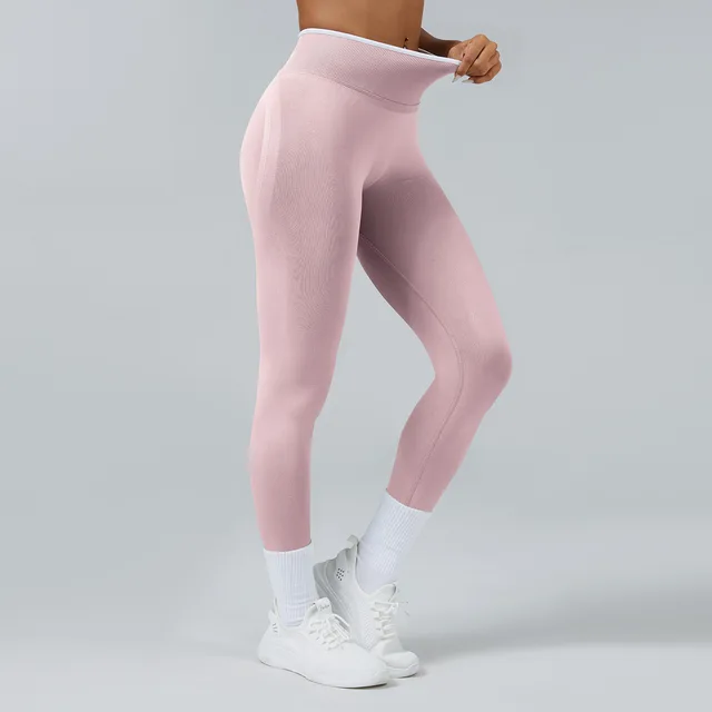 Women Seamless Ribbed Band High Waist Butt Lifting Sports Pants Leggings Compression Fitness Running Gym Workout Wear Suit