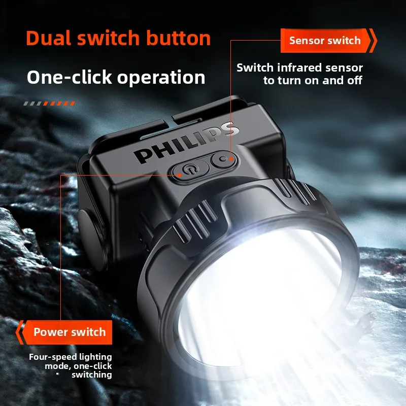 필립스 SFL1342 LED 헤드램프 센서 헤드 손전등 10가지 조명 유형-C 충전식 헤드라이트 야외 캠핑 낚시