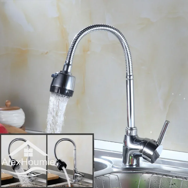 Chrome Finish Kitchen Faucet with Flexible Arc 360 Degree Rotatable Sprayer Stainless Steel Bathroom Sink Wall Mount Water Mixer