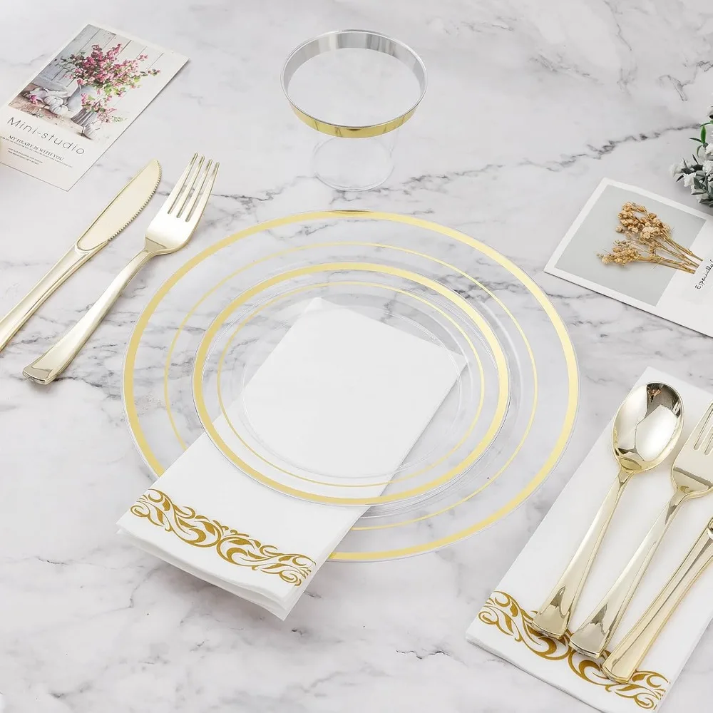 700PCS Clear Gold Disposable Dinnerware Set (100 Guests), Plastic Plates for Party, Wedding, Include: 200 Plastic Plates