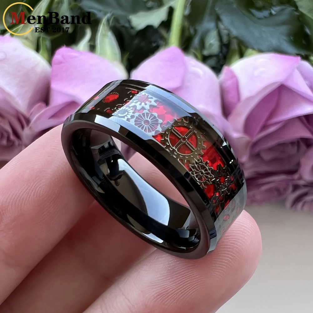MenBand Unique 6/8mm Tungsten Carbide Rings Wedding Band Gear Wheel Black Carbon Fiber Inlay Fashion Jewelry Comfort Fit