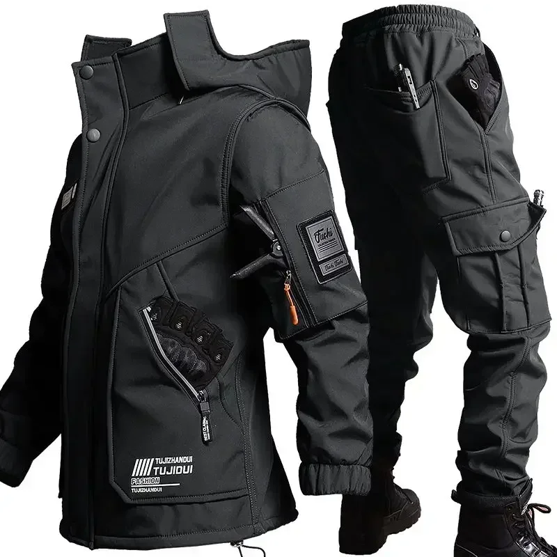 Winter Outdoor Mens Combat Sets Thicken Windproof Warm Tactical 2-pcs Fleece Multi Pocket Hooded Jacket+Cargo Pants Charge Suits