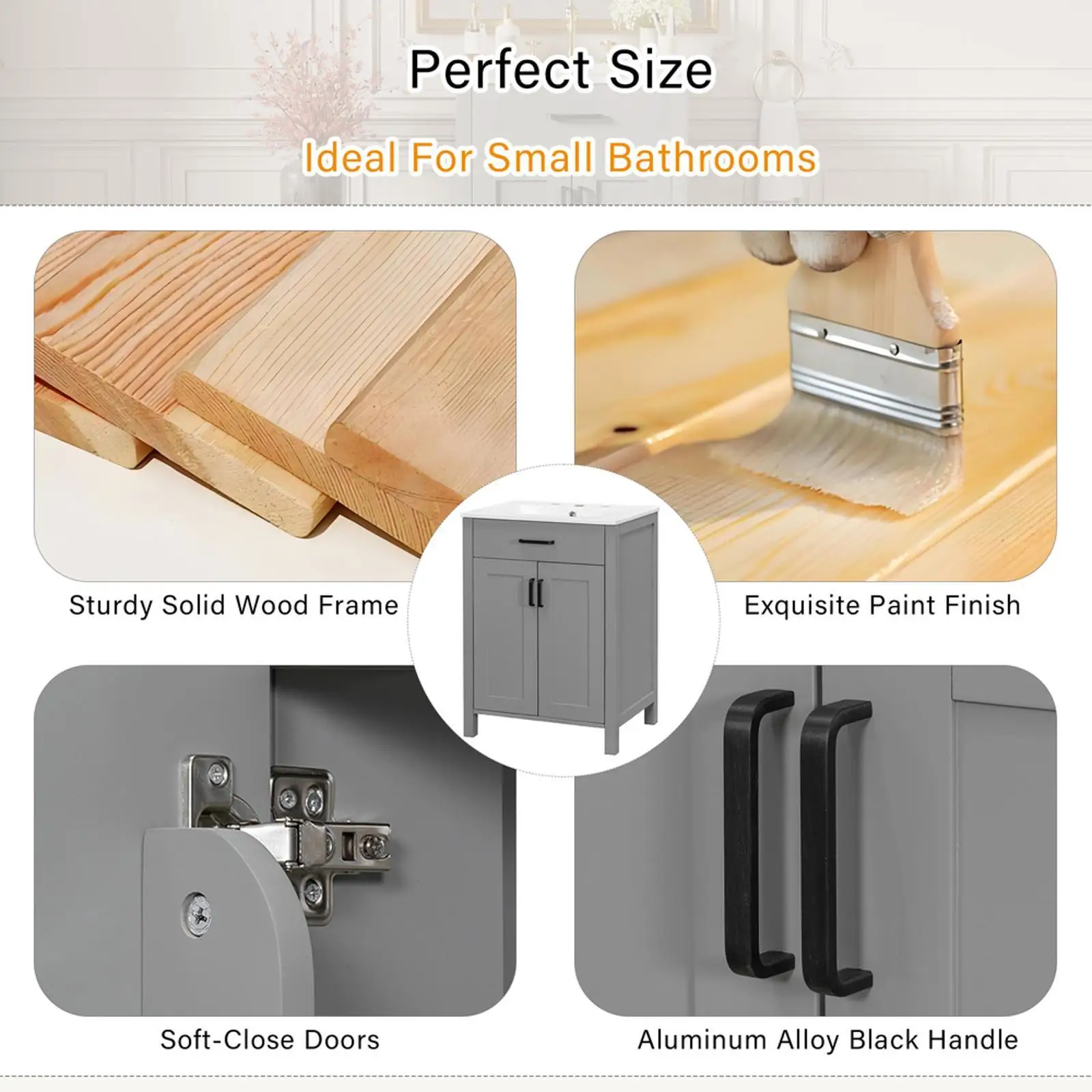 Grey Solid Wood Bathroom Vanities Ceramic Sink Combo Space Saving Doors Cabinet Set for Small Contemporary Bathrooms