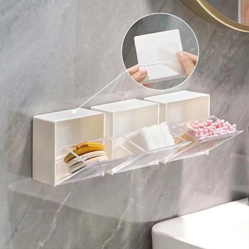 Storage Box 4pcs Plastic Wall Mounted Storage Boxes Dustproof Bathroom Organizer for Cotton Swabs Makeup Adhesive Small Jewelry Holder