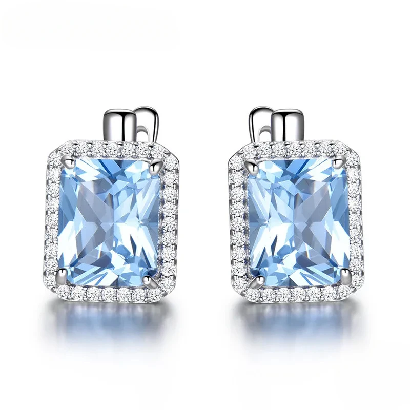 925 Sterling Silver Luxury Nano Sky Blue Topaz Emerald Gemstone Clip On Earrings Earrings For Women Birthday Fine Jewelry Gift ear clip earrings,clip earrings,ear clip