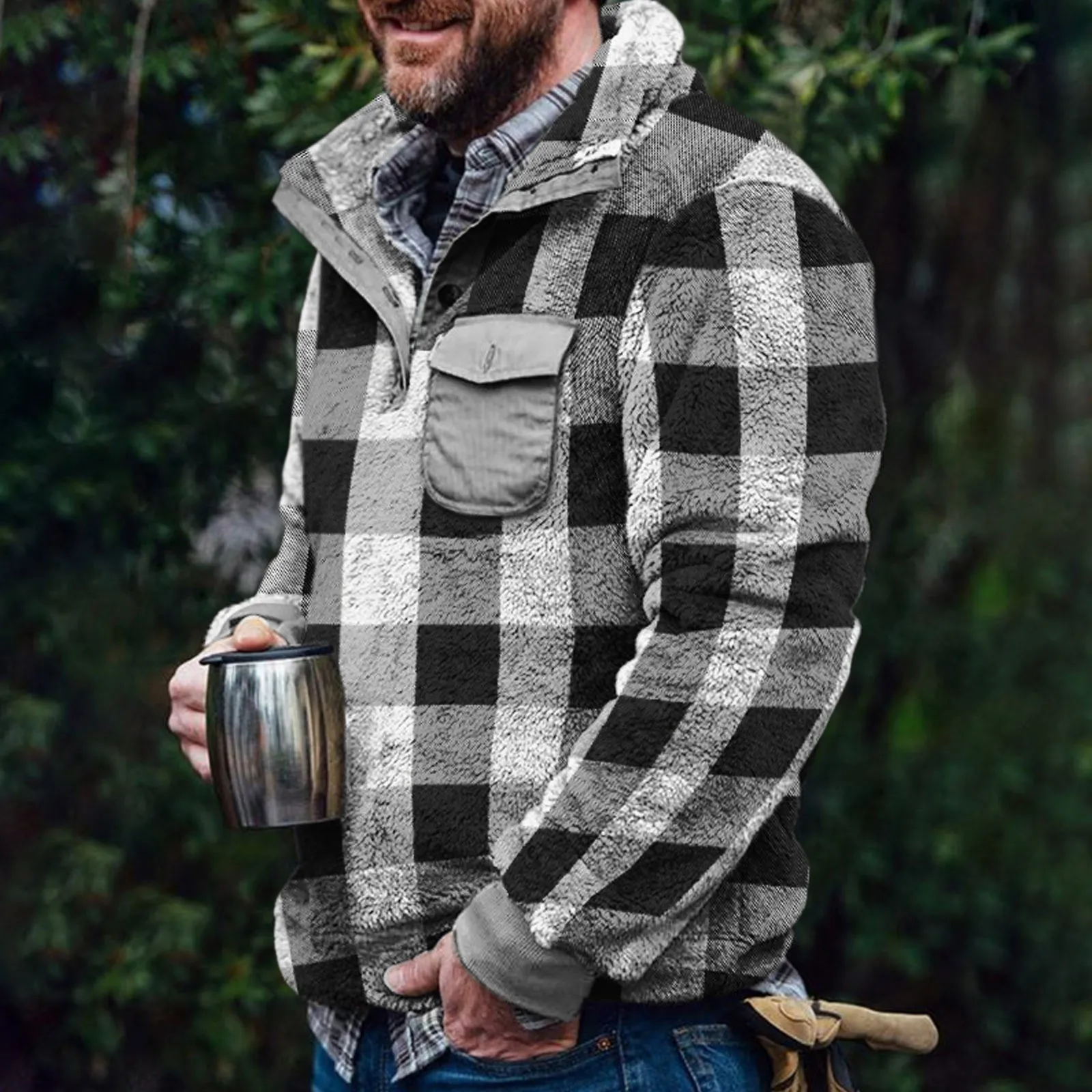 Spring Autumn Warm Casual Hooded Men'S Long Sleeve Pocket Loose Double Sided Plush Plaid Pattern Sweatshirt Fleece Hoodies Tops energetic pei sheet 220x220mm for kingroon klp1 build plate double sided textured pei smooth peo pet spring steel sheet