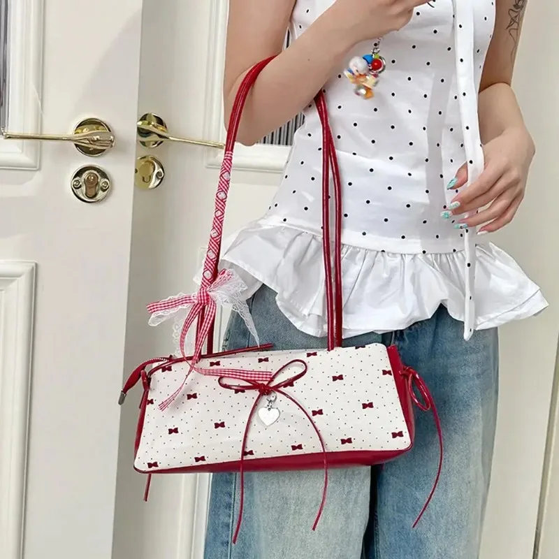 Sweet Y2K Shoulder Bag INS Floral Lace Bow Print Handbag Contrast Color Cute Women's Shoulder Bag