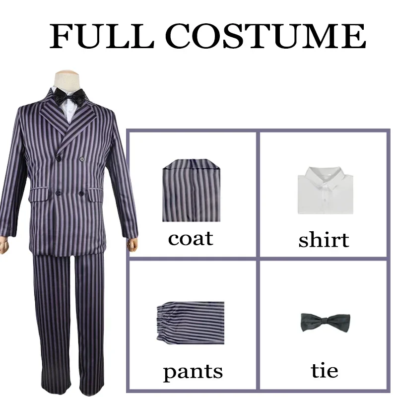thumbnail image 1 of Disfraz de Cosplay de Gomez Addams Disfraz de Cosplay de Wednesday Addams Traje de Rayas Pantalones Superiores Disfraces de Fiesta de Carnaval de Halloween para Hombres, 1 of 5