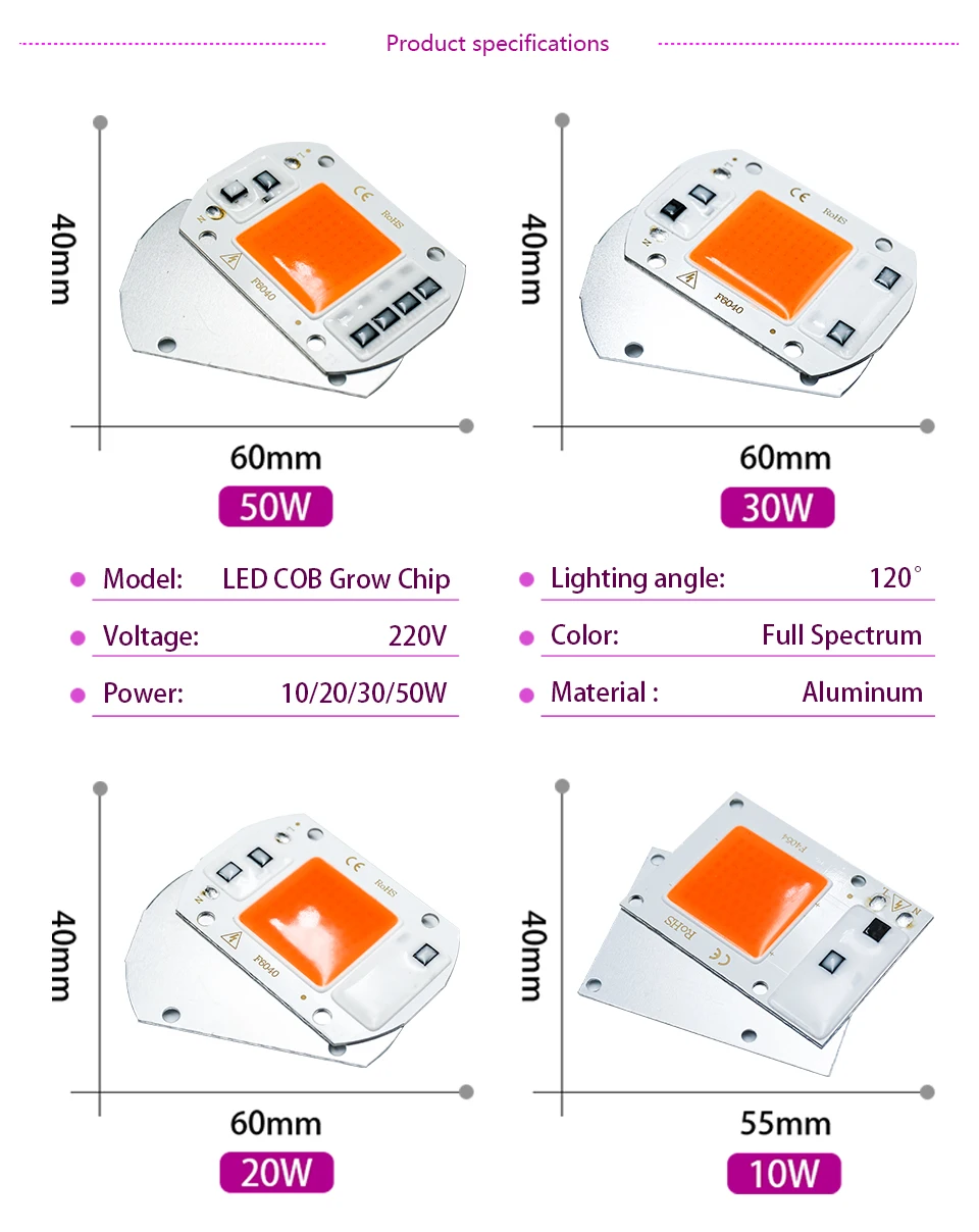 Description Picture 3 of itemLED Grow COB Light Chip Full Spectrum UV Lamp 110V 220V 10W 20W 30W 50W No Need Driver for Flower Seedling Grow Plant Lighting