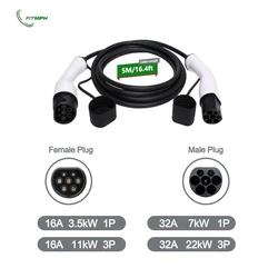 FITMPH type 2 to type 2 ev cable 22kW 5m 32A 3 Phase, Mode 3 EV Charging Cable for EV & PHEV, with dust cover, variety options