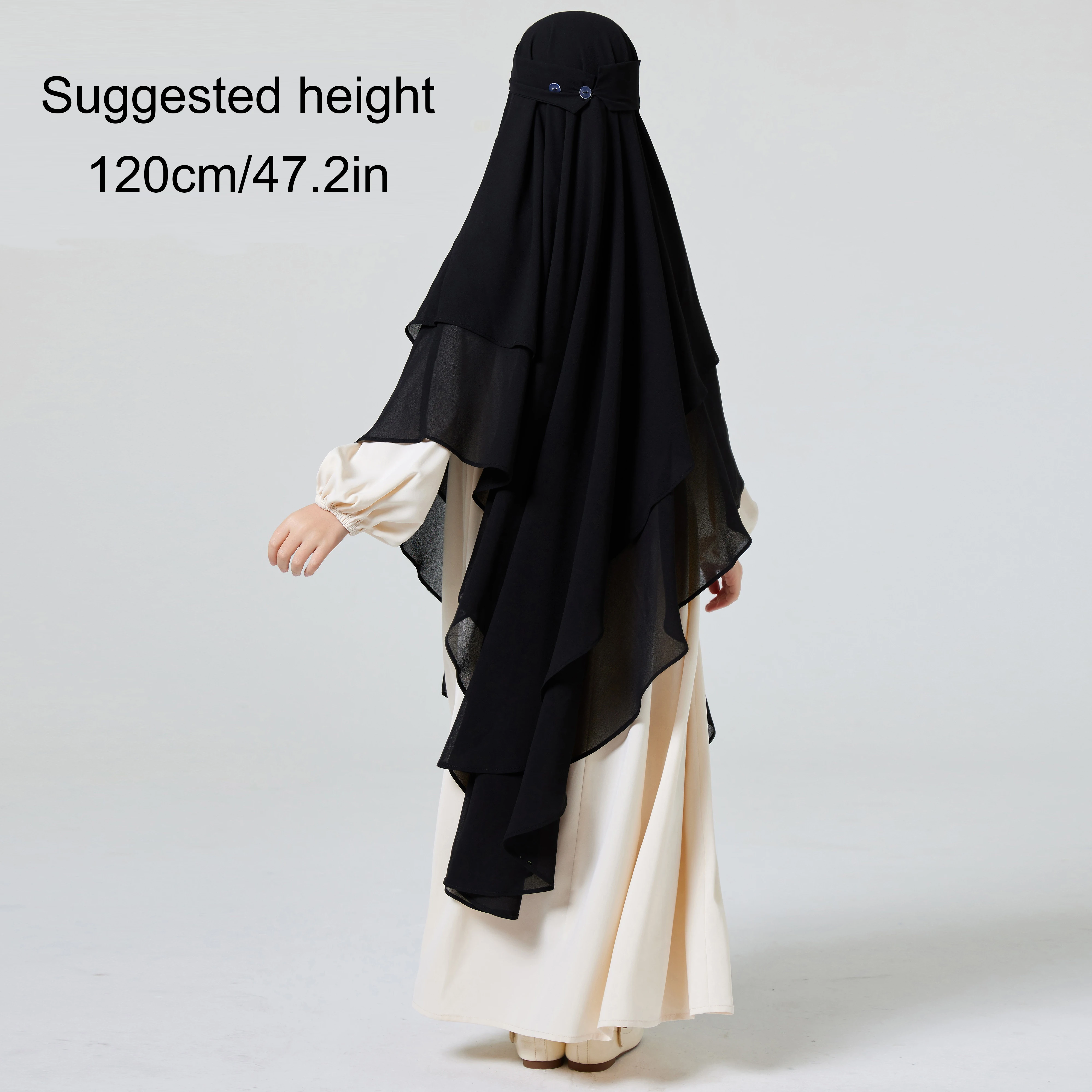 

Ramadan Middle Eastern Muslim Girls Hijab Button Front and Back Double Chiffon Big Circle Swing Khimar