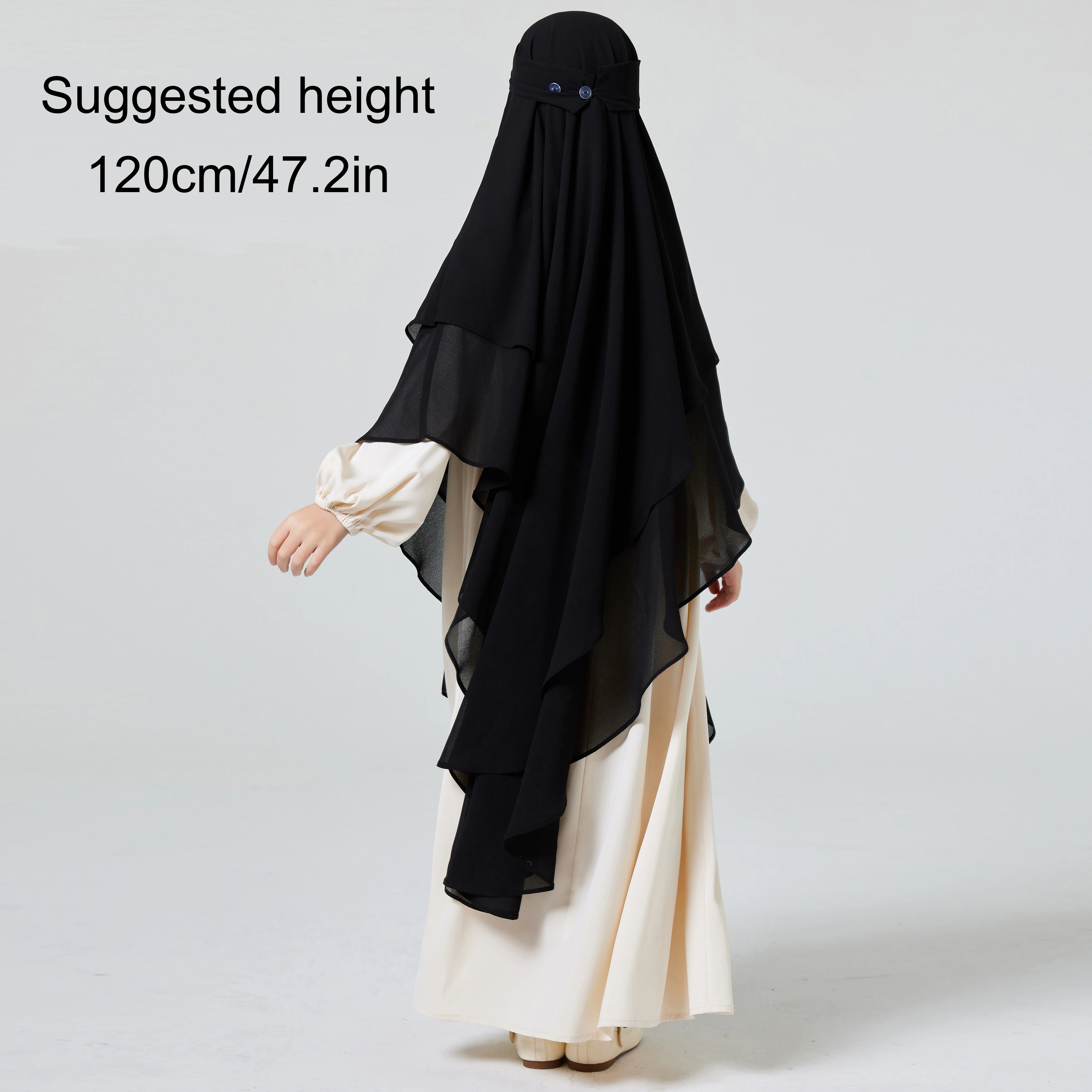 Ramadan Middle Eastern Muslim Girls Hijab Button Front and Back Double Chiffon Big Circle Swing Khimar