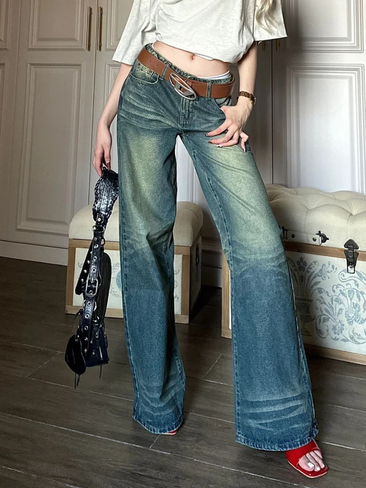ADAgirl Blue Jeans Women Y2k Fashion Baggy Print Korean Style High Waist Wide Leg Denim Trousers Harajuku Retro Straight Pants