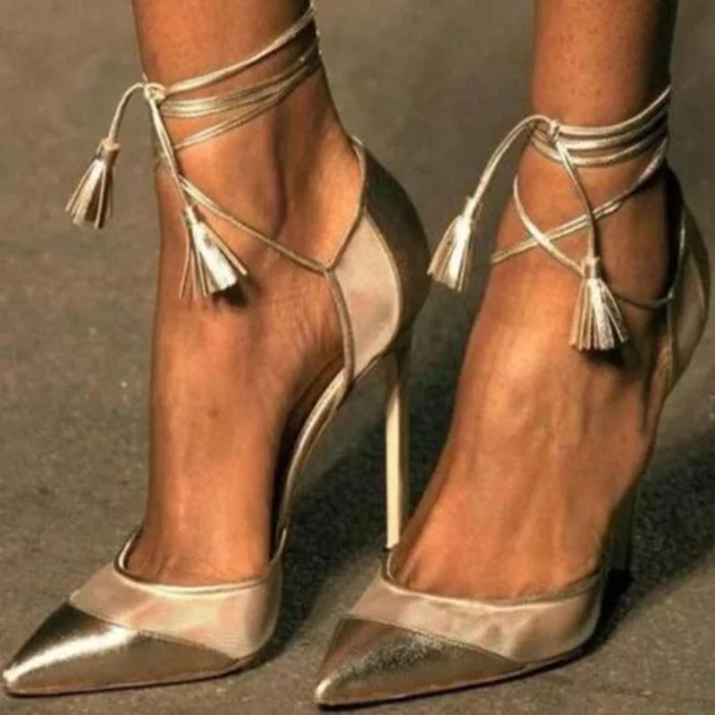 

Champagne Patchwork High Heel Shoes Pointed Toe Ankle Wrap Lace-up Dress Shoes Low cut Shallow Party Heel Women Pumps Big Size
