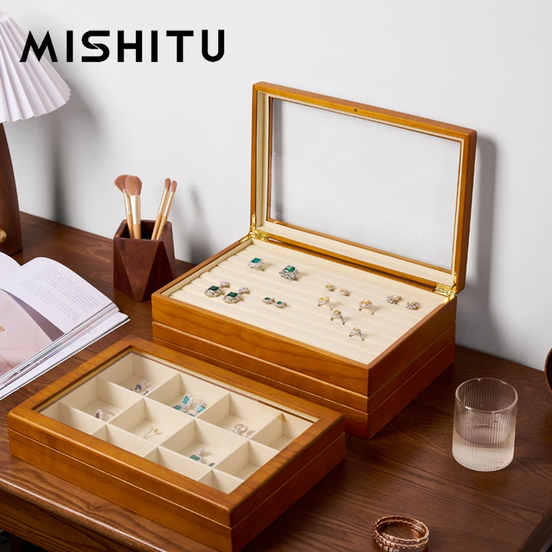 MISHITU Solid Wooden Jewelry Box Rings Earrings Necklaces Display Case