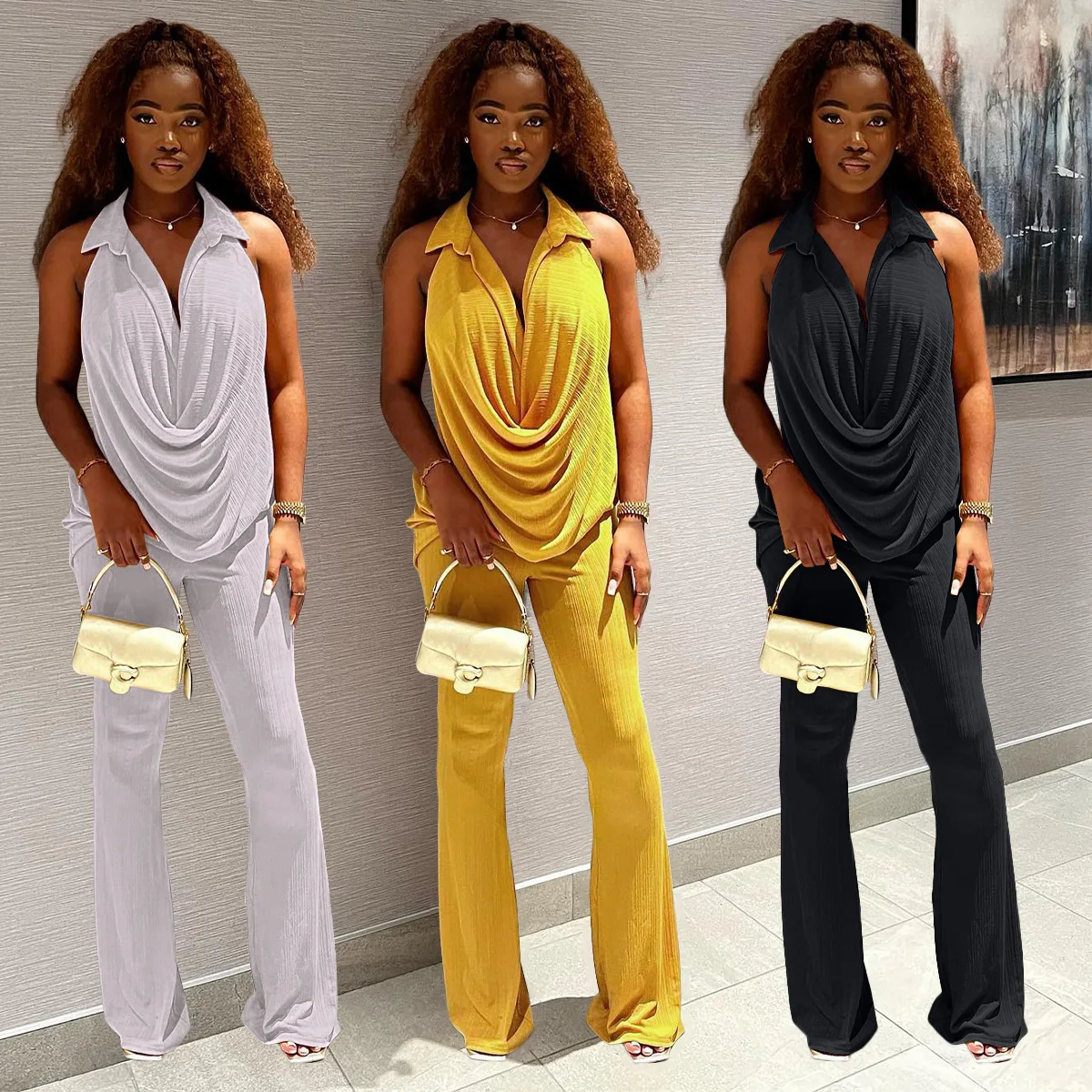

Sleeveless Tops Two Piece Set Women Clothes Elegant Sexy Halter Tops Draped Tshirts + High Waist Flare Pants Lady Street Suits