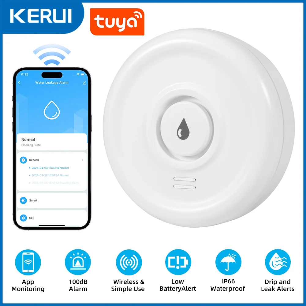 Tuya WiFi Flood Sensor Detector KERUI Tuya WiFi Flood Sensor Detector Loudly Sound Alarm Alert Water Leakage Sensor Detection Smart Life App Remote Monitoring