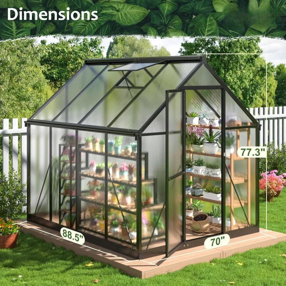6x7.5 FT Greenhouse, Polycarbonate Greenhouse with Quick Setup Structure and Roof Vent, Aluminum Large Walk-in Greenhouse 6
