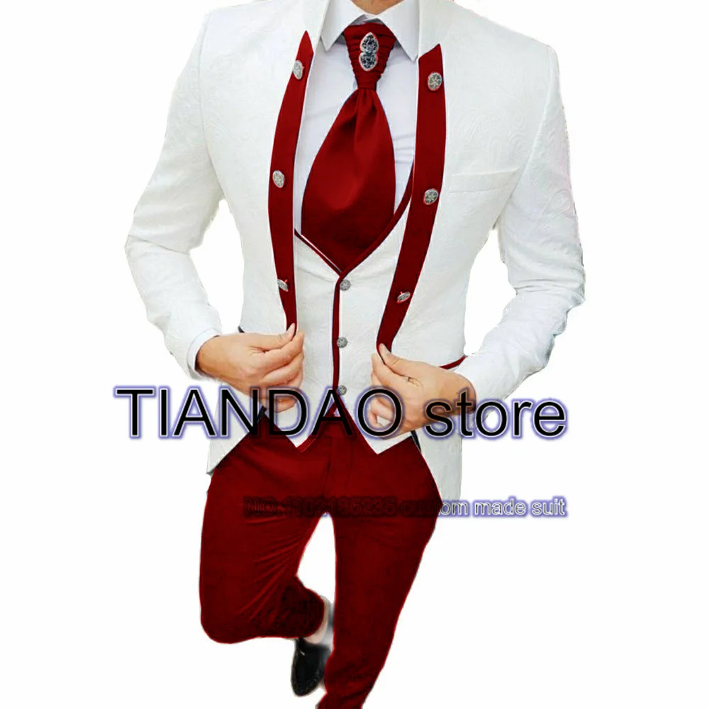 White Jacquard 3-Piece Wedding Tuxedos | Men Suits for Groom main image 1