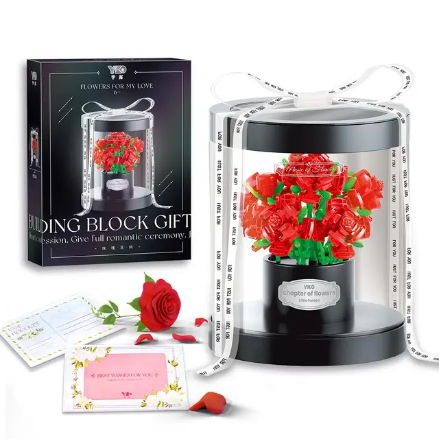Romantic Rose Preserved Flower Building Block Plant Bouquet Model Bricks Set With Dust Cover Kids Toy Girls Valentine's Day Gift 1
