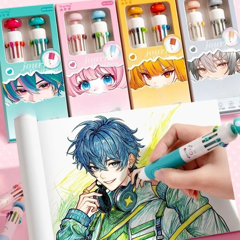2 Stück mehrfarbige Stifte mit niedlichem Pilz-Design, satte Farben, perfekt für Journaling, Schreiben, Markieren, Schulbedarf – Detail 6