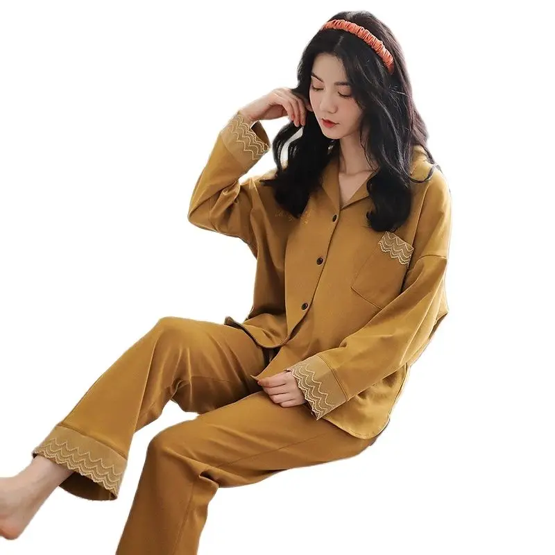 

New Spring Cotton Women Pajamas Set Long Sleeve Turn-down Collar Cardigan Loose Soft M-3XL Pyjamas Femme