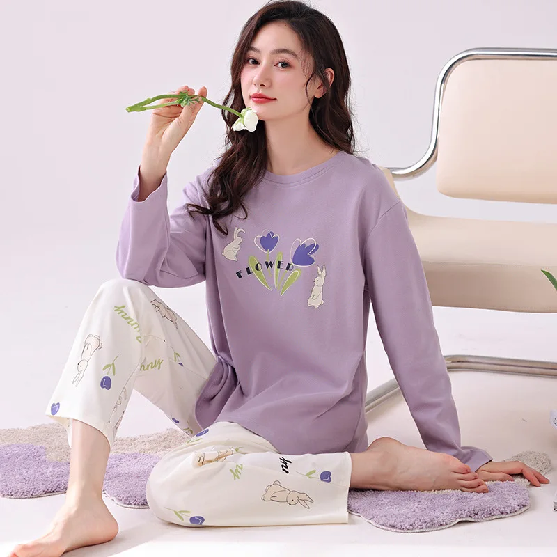 Spring Autumn Women's Pure Cotton Pajamas Round Neck Long Sleeve Pullover Pants Loose Casual Comfortable Home Clothing Set