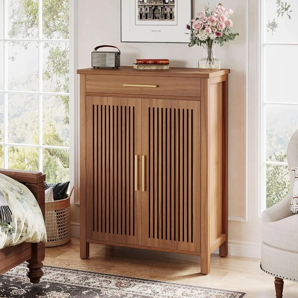 5-Tier Shoe Cabinet with Louvered Doors and Drawer, Freestanding Wooden Shoe Rack Organizer for Entryway, Hallway