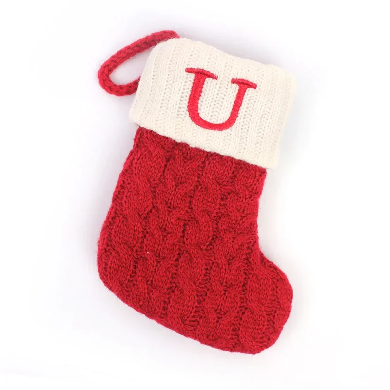 Festive Knitted Christmas Stocking with Snowflake & Alphabet Design - Holiday Tree Pendant Decoration