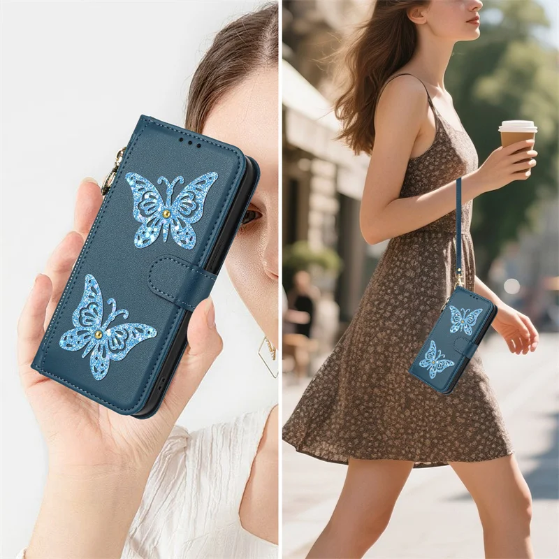 Wrist Strap Flip Leather Phone Case with Zipper Wallet and Card Holder