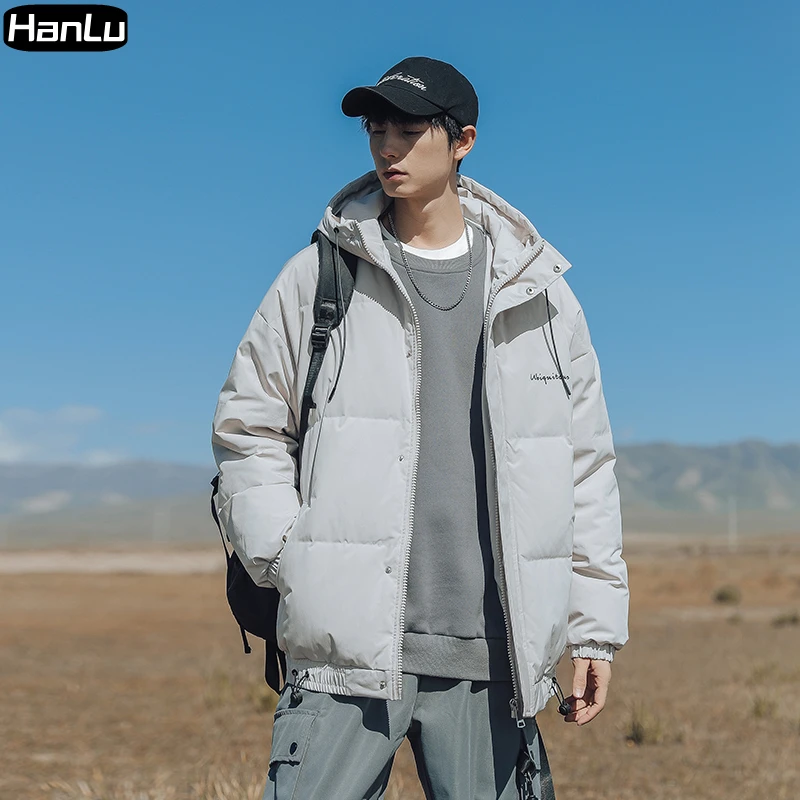 Men's Winter New Jacket Black Hooded Zipper Coat Couple Fashion Casual Loose Thick Warm Elastic Drawstring Cotton Coat