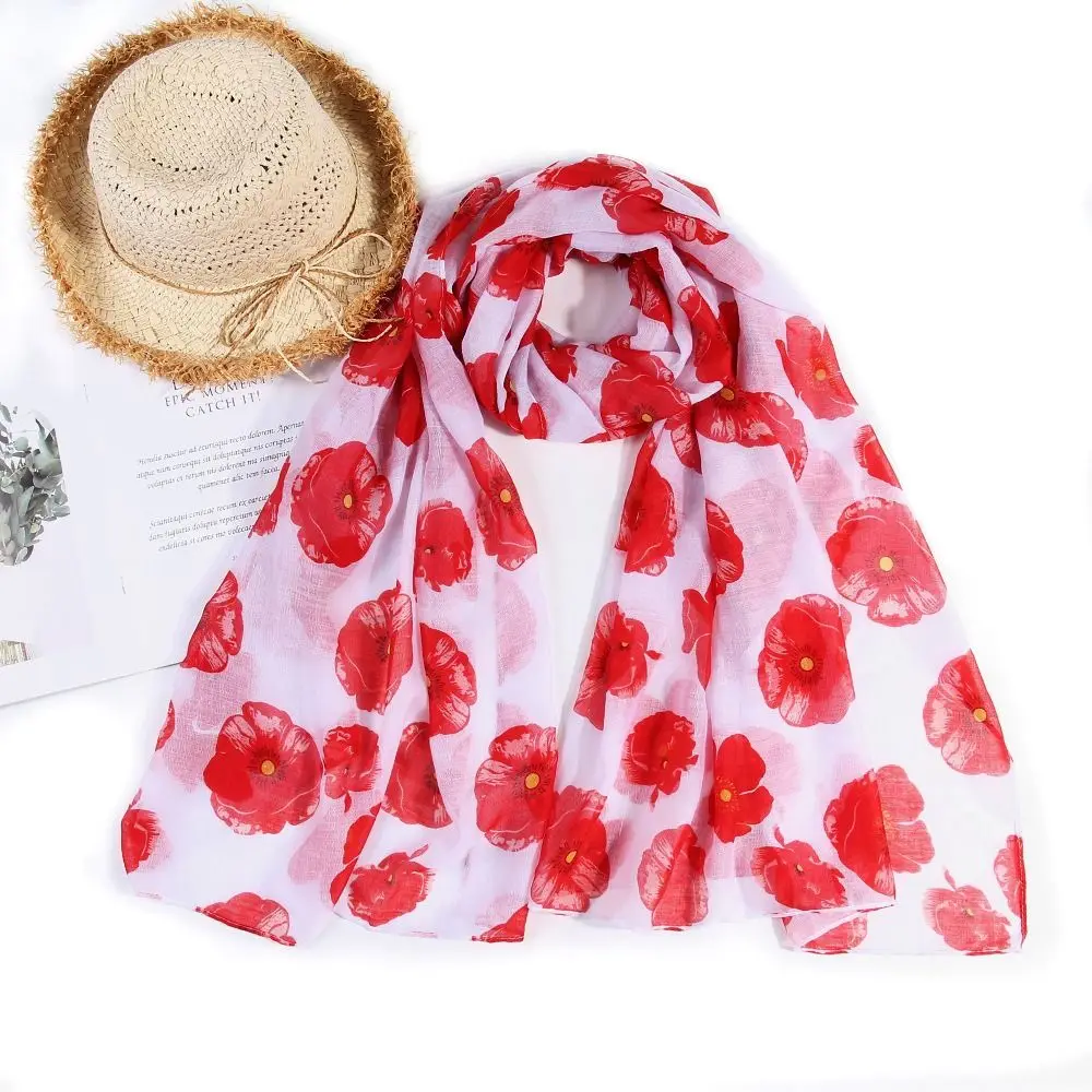 Cotton Voile Poppy Print Scarf 180*90cm Poppies Floral Wrap Colorful Smooth Breathable Poppy Floral Shawl for Women Ladies