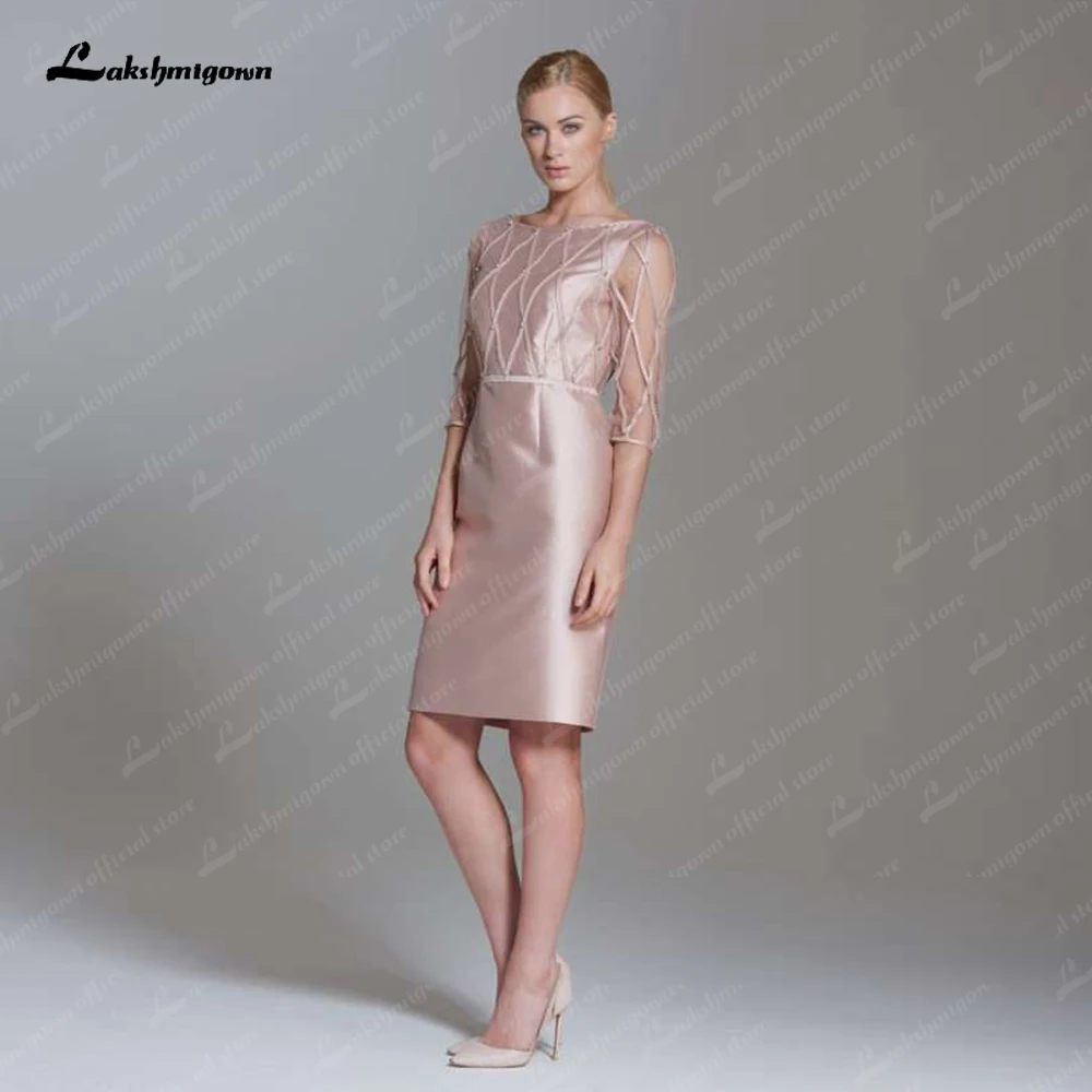 

Elegant Satin Mother of the Bride Dresses Scoop Neck Mesh Illusion Sleeve Knee-Length Vestido Illusion Wide-waisted 2023