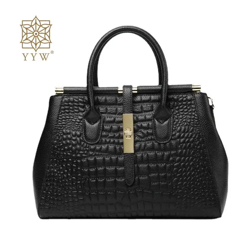 

Black Cowhide Top Handle Bag Crocodile Pattern Women Shopping Shoulder Bags Design Cross-Body Trend Women'S Bag Bolsa Feminina