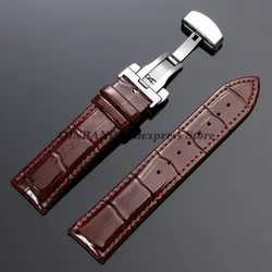 Vintage Genuine Leather Butterfly Clasp Watchband - Premium Replacement Straps - 22mm (Brown)