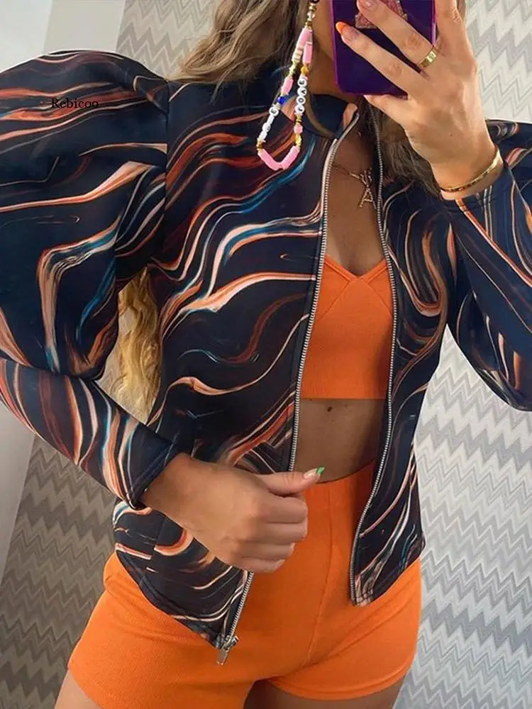 

Women's Puff Sleeve Sexy Short Jacket Coat Fashion Print Stand Collar Ruched Zipper Slim Coats Female Autumn 2021 New Streetwear
