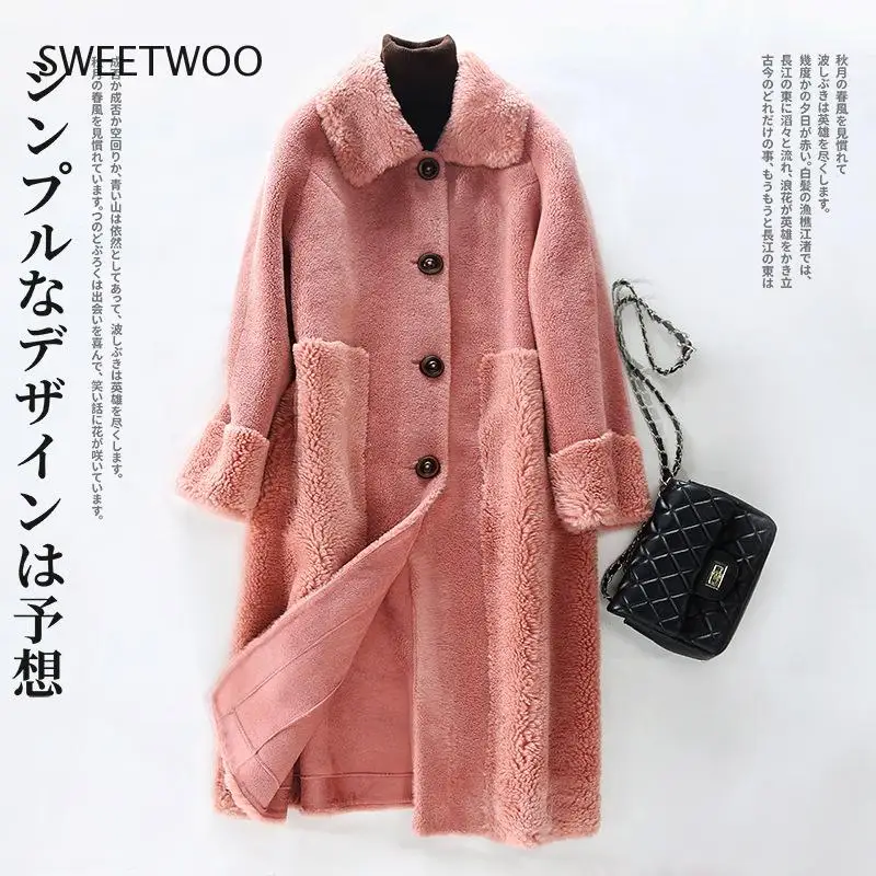 Women Winter Long Genuine Fur Sheepskin Coats Ladies Turndown Collar Wool Outwear Female Thick Warm Sheep Shearing Jacket 2022