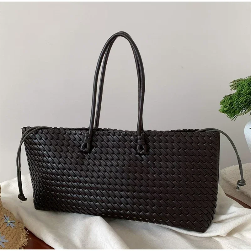 Borsa tote di lusso in PU intrecciato, borsa a tracolla allungata con manico superiore, borsa orizzontale con chiusura magnetica per lo shopping - immagine 2