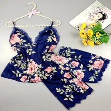 

Large Size Ladies Printed Pattern Lace Silk Two-piece Pajamas Sexy Sling V-neck Home Service Comfortable Cool Soft Nightwear
