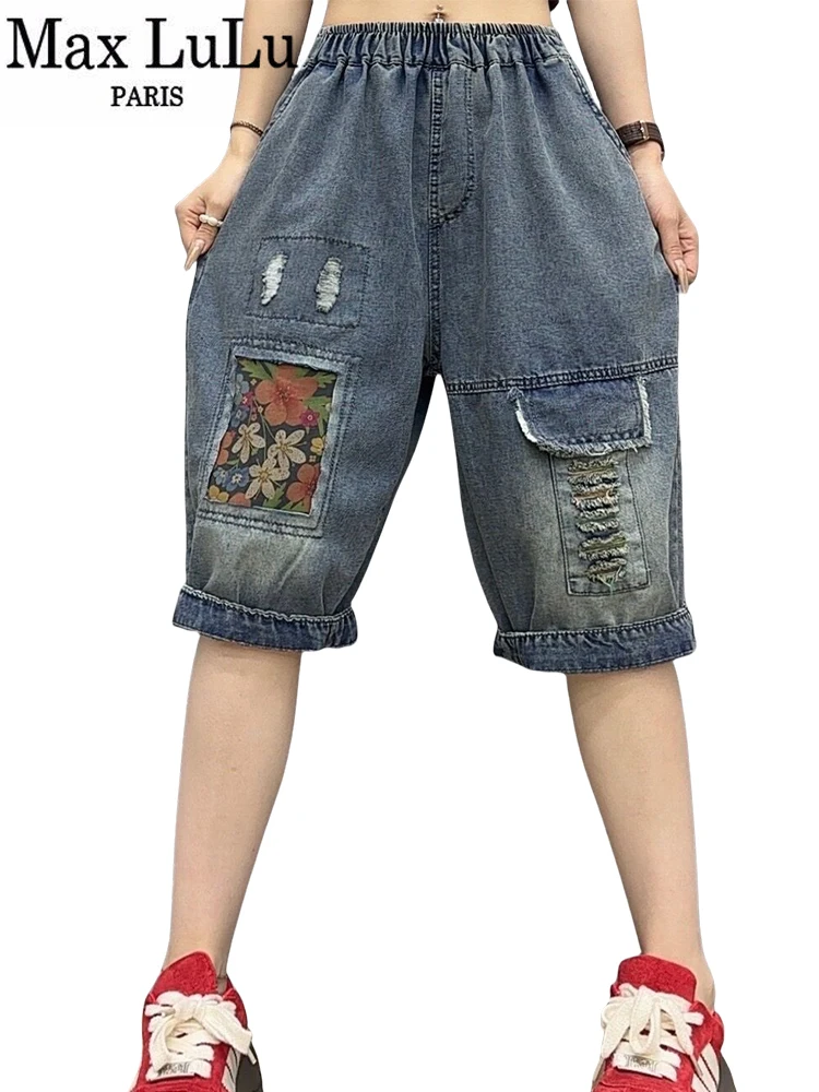 

Max LuLu 2024 Summer Fashion Vintage Short Denim Pants Womens Loose Classic Leisure Jeans Ladies Holes Patchwork Harem Trousers