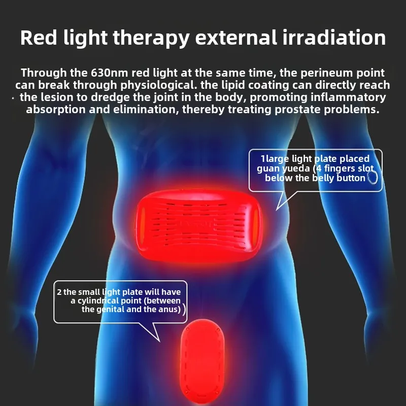 Prostate red light therapy device, home use, hyperplasia, hypertrophy, inflammation, urinary frequency, urgency, massager