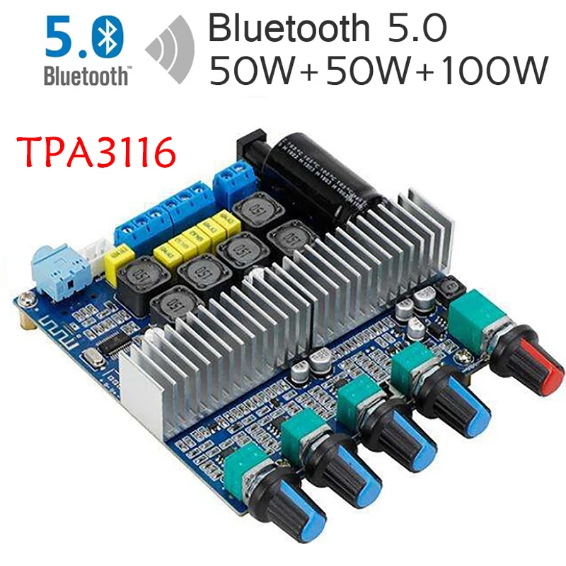 

TPA3116 Subwoofer Amplifier Board 2.1 Channel High Power Bluetooth 5.0 Audio Home Amplifiers DC12V-24V 2*50W+100W Amplificador