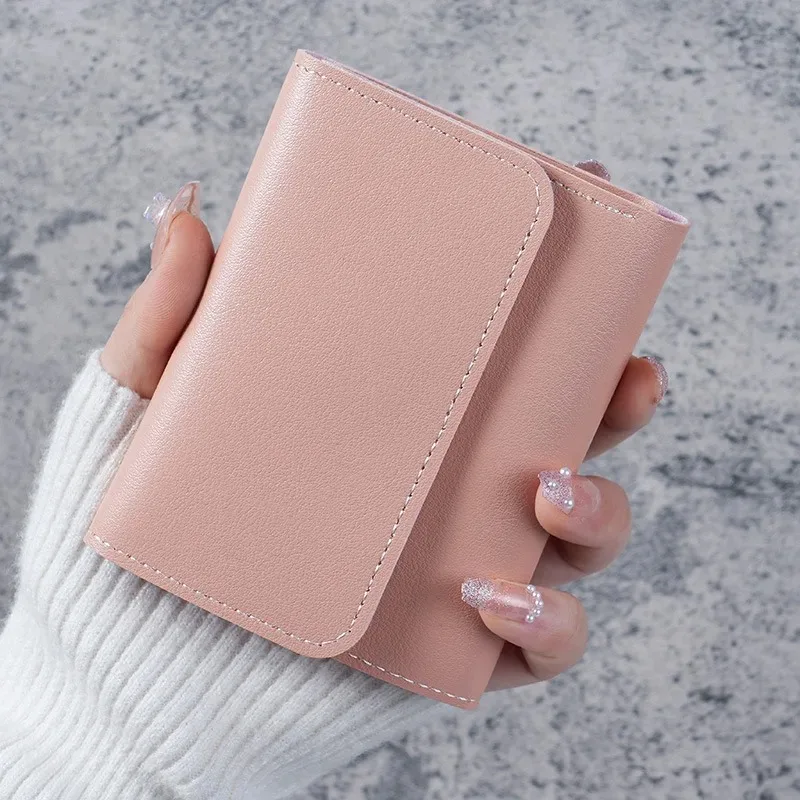 Portafoglio corto da donna alla moda, ultra sottile, triplo piega, superficie liscia, porta carte multifunzionale, clip per biglietti per studenti - immagine 5
