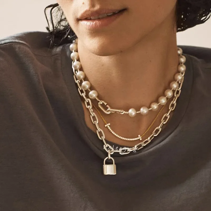 Silver Plated Long Pearl Pendants Necklace Jewelry for Women Key