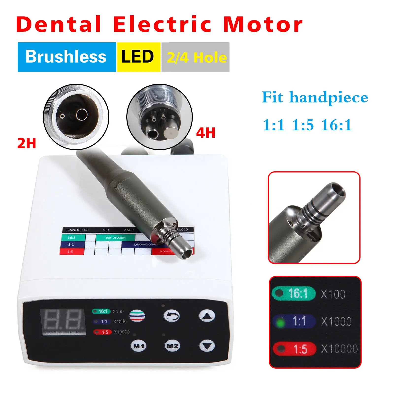 

Dental NSK Style Brushless LED Electric Micro Motor 4/2 Hole Compatiable With 1:1 1:5 16:1 Fiber Optic Contra Angle Handpiece