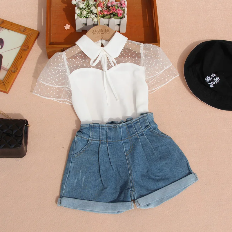 Chiffon Blouse for Kids Girls Summer Children White Short Sleeve Shirts Teenage Turn-down Collar Lace Basic Tshirts kids shirts