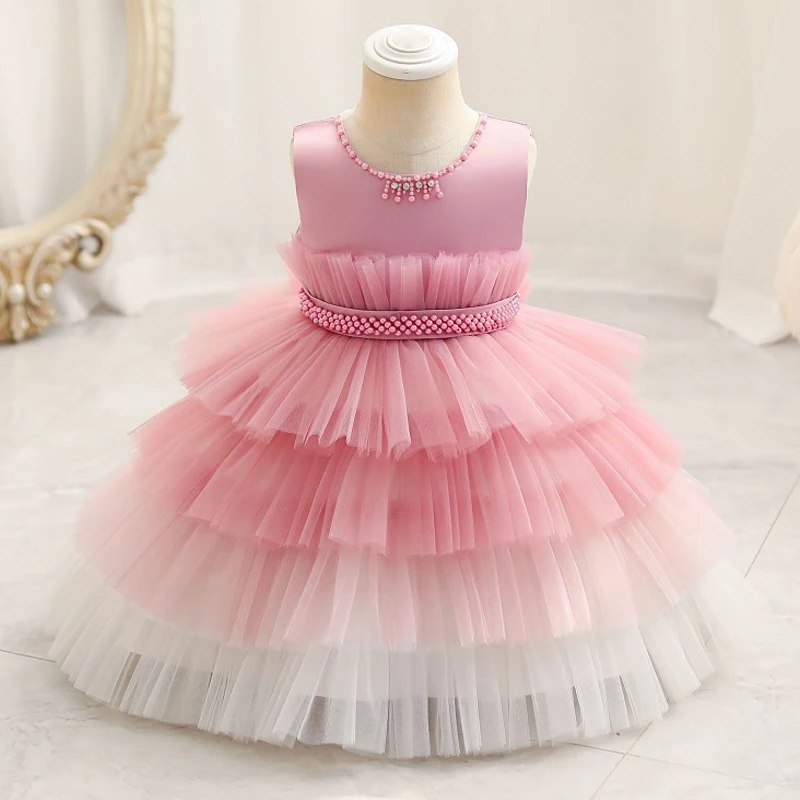 

Children's New Baby First Birthday Party Dress Colored Gradient Bow Tie Lace Princess Girl Christmas Party Prom Dress