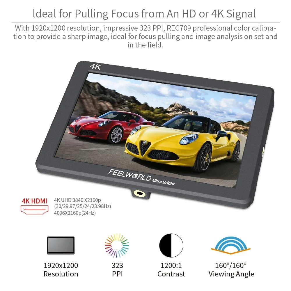 FEELWORLD P7 7 inch 2200nit Ultra Bright Camera Field Monitor Aluminum Housing 4K HDMI DSLR Monitor 1920x1200 IPS LCD for Camera