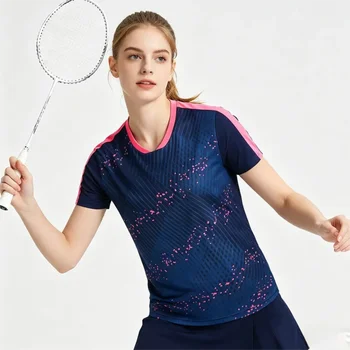 Women Professional Badminton Jersey Mesh Quick Dry T-shirt Breathable Elastic Short Sleeve Sports Training Athletic Top 1